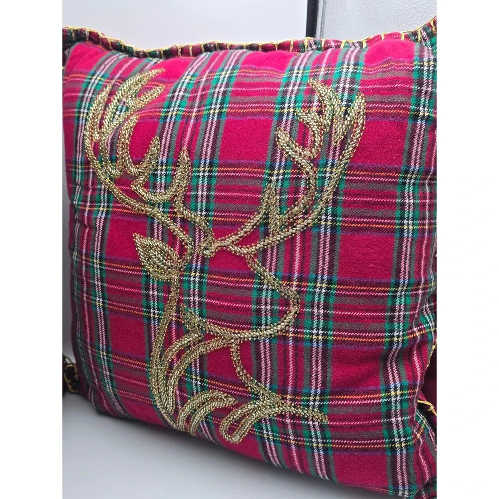Biltmore Christmas Pillow Red Plaid Deer Antler‎ Beaded Decorative 18x18Set of 2